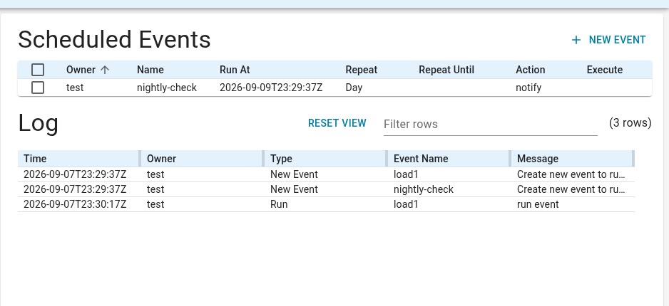 Scheduled Events page with one event scheduled